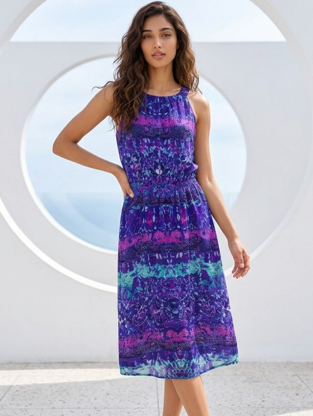 Chicoโs Blue Watercolor Halter Chiffon Dress Sleeveless Smocked Waist Knee Midi